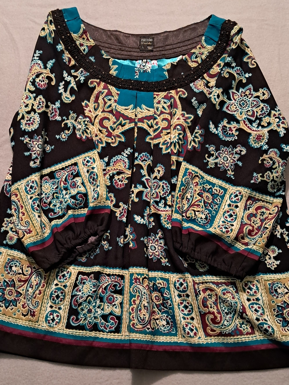 Nicole by Nicole Miller Black Teal Gold Paisley Tunic